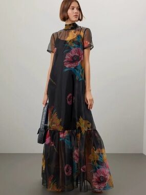 NWT STAUD Calluna Organza Neck Tie Gown Dress Designer Sheer Floral Small